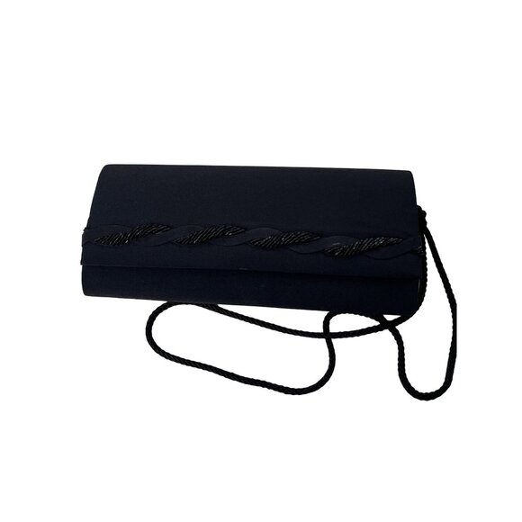 La Regale Vintage Black Satin Beaded Evening Clutch Purse With Shoulder Strap - Picture 3 of 7